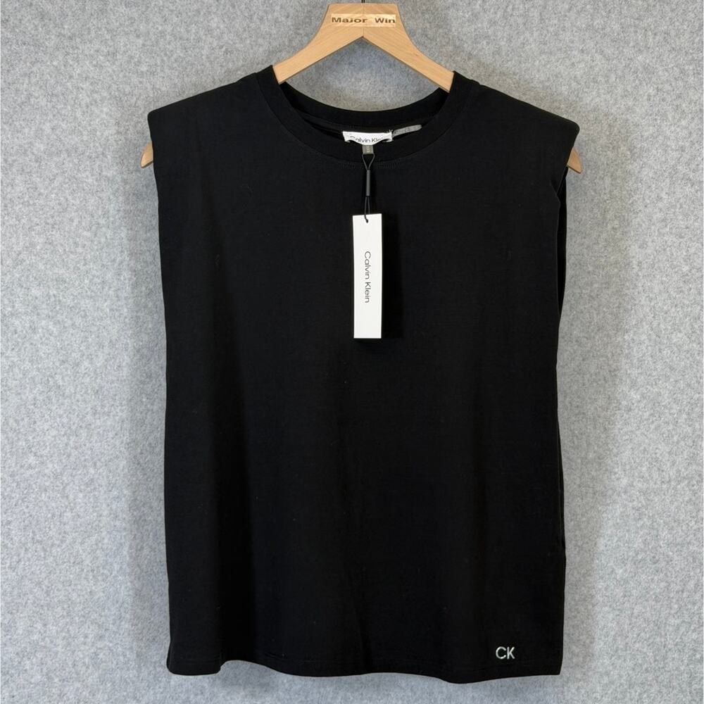 Calvin Klein Womens Black M Top Cap Sleeve Structured Shoulder Minimalist NWT